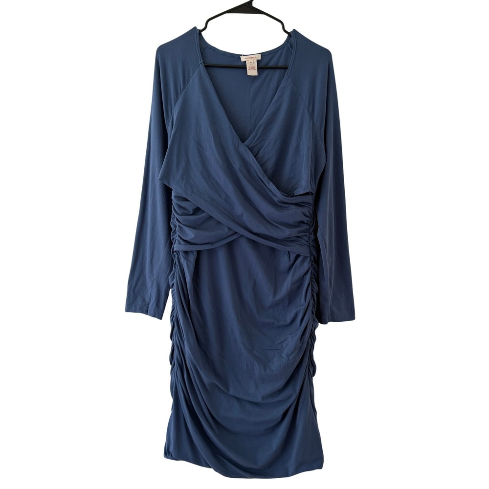Sundance Ruched Sheath Dress Womens XL Blue Long Sleeve Surplice V-Neck Midi